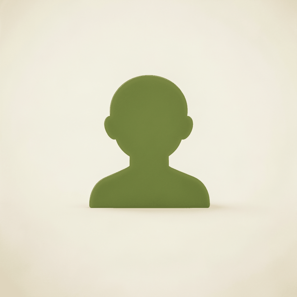 A simple abstract avatar icon in muted olive green against a soft cream background, clean and minimal