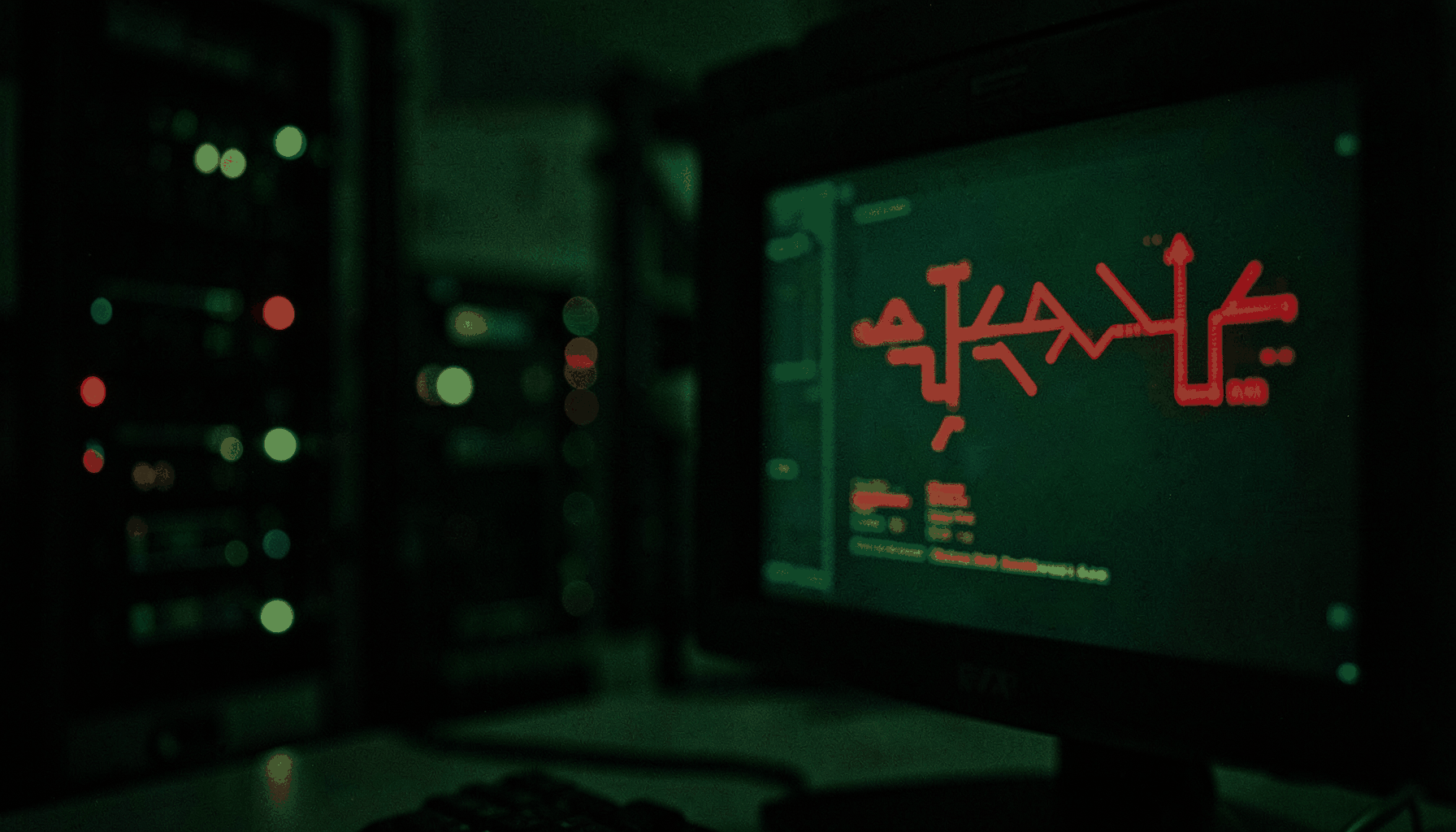 A dark cinematic close-up of a computer screen displaying abstract red warning indicators, with soft out-of-focus server rack lights glowing in the background, moody and tense atmosphere