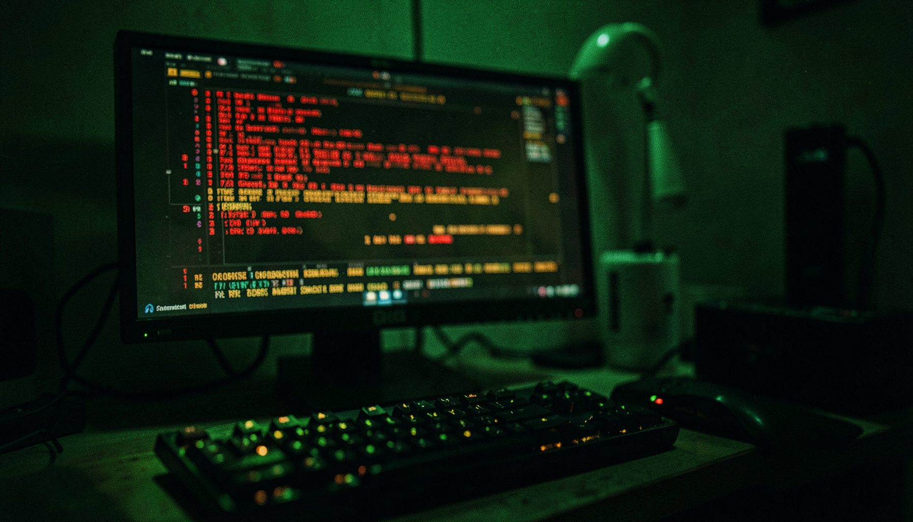 A dimly lit desktop workspace with a glowing monitor displaying warning alerts in red and amber tones, keyboard in the foreground, moody and tense atmosphere