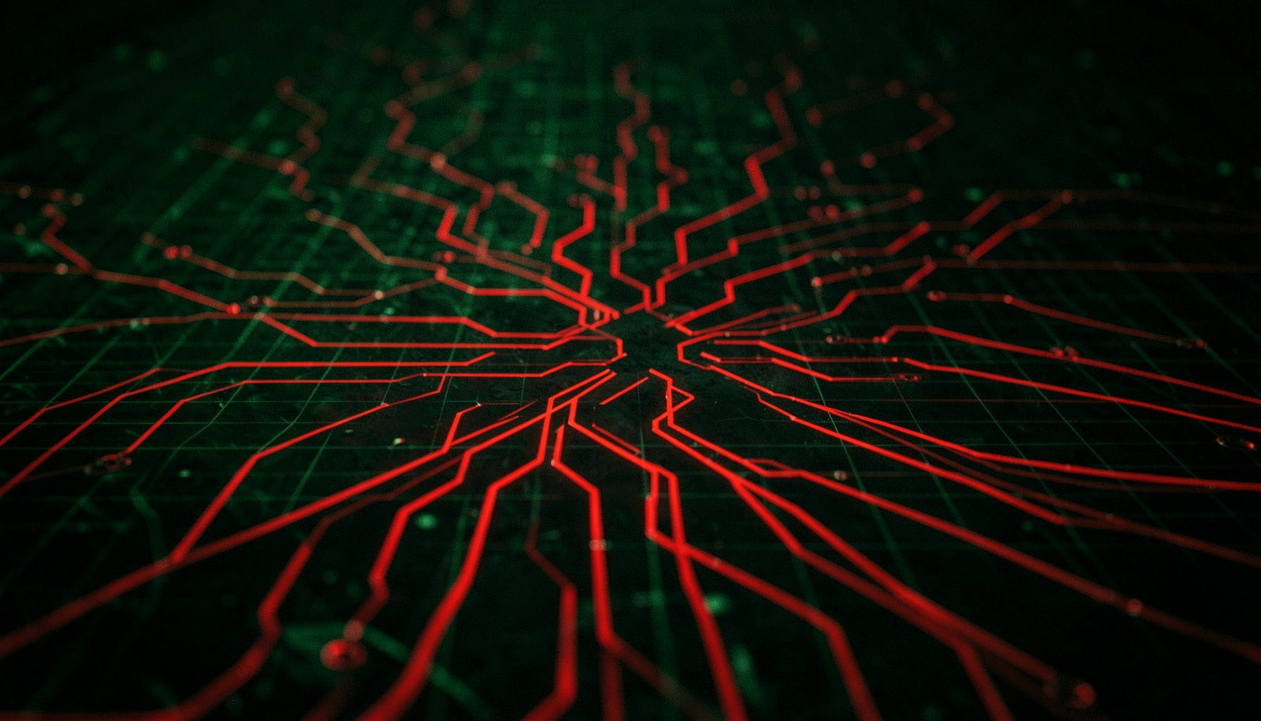 Dark digital landscape with glowing red circuit traces spreading across a shadowy grid, evoking the stealth and intrusion of trojan malware.