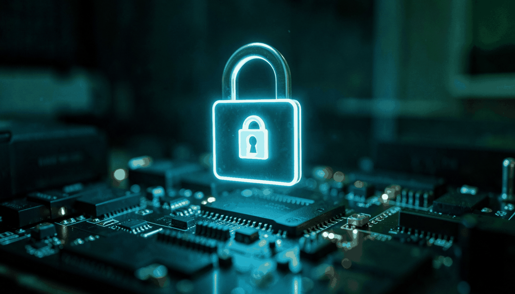 A cinematic frame of a glowing padlock icon floating above a motherboard, cool blue tones with subtle amber warning lights, clean and technical atmosphere